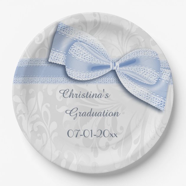 Graduation Blue Damask And Faux Bow Paper Plate