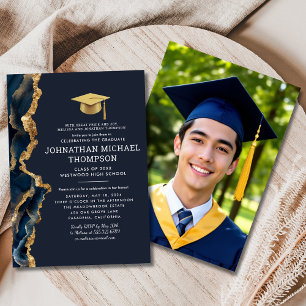 Graduation Blue Gold Agate Graduation Photo Invitation