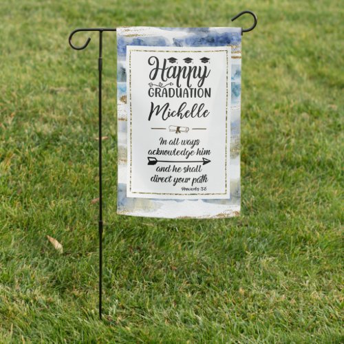 Graduation Blue Gold Frame Cap Diploma Bible Verse Garden Flag