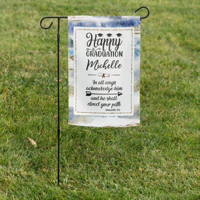 Graduation Blue Gold Frame Cap Diploma Bible Verse Garden Flag (In SItu)