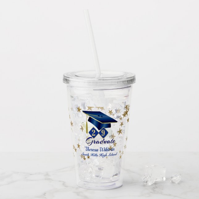 Graduation Blue Gold Stars Personalized Acrylic Tumbler (Front Ice)