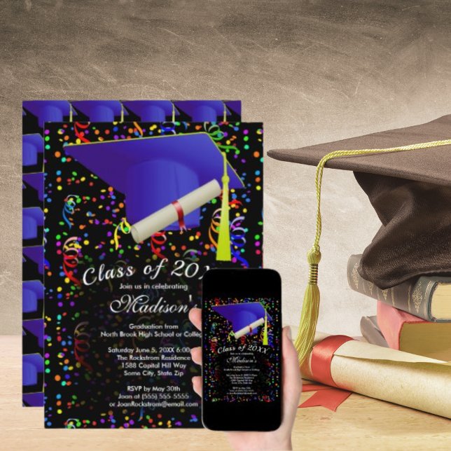 Graduation Blue Grad Cap Diploma Confetti Black Invitation (Graduation Blue Grad Cap Diploma Confetti Black Invitation)