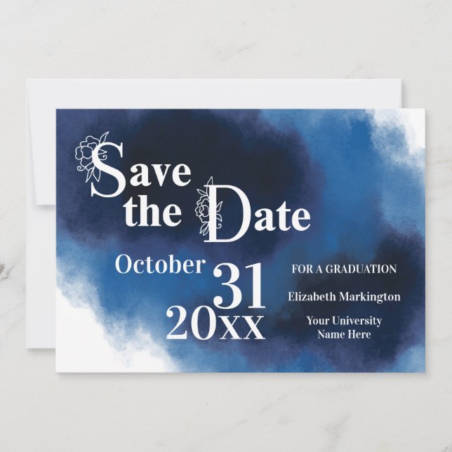 Graduation Blue Modern Flower Letter Simple Save The Date (Front)