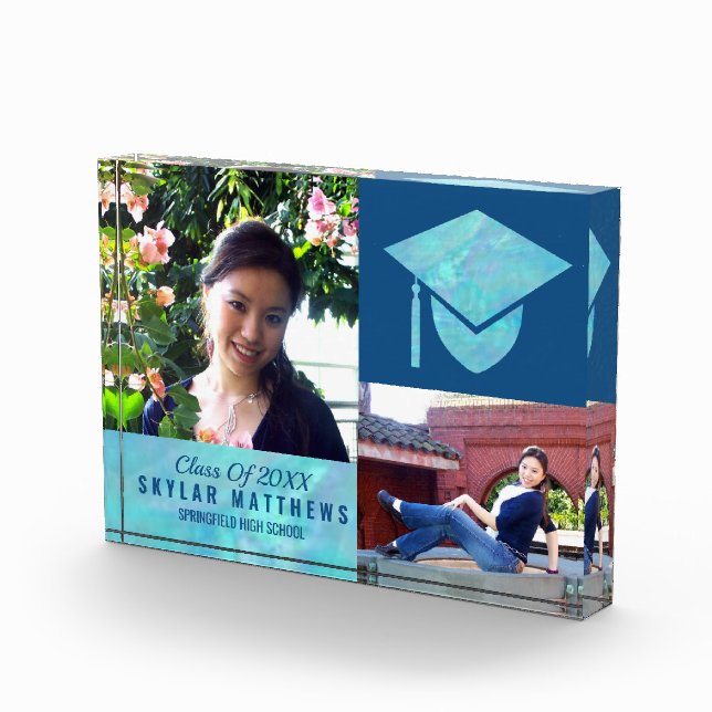 Graduation Blue Opal Chic Trendy Keepsake Photo Block (Right)