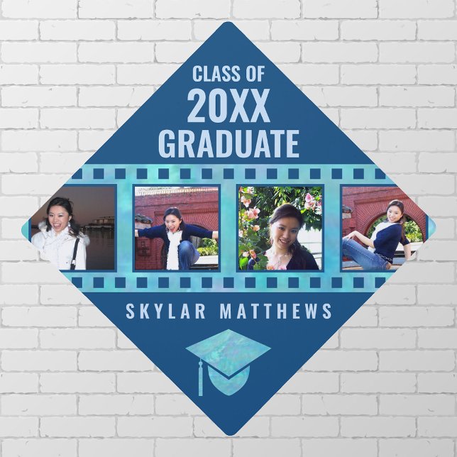 Graduation Blue Opal Cool Film 4 Photo Collage Cap Topper (Creator Uploaded)