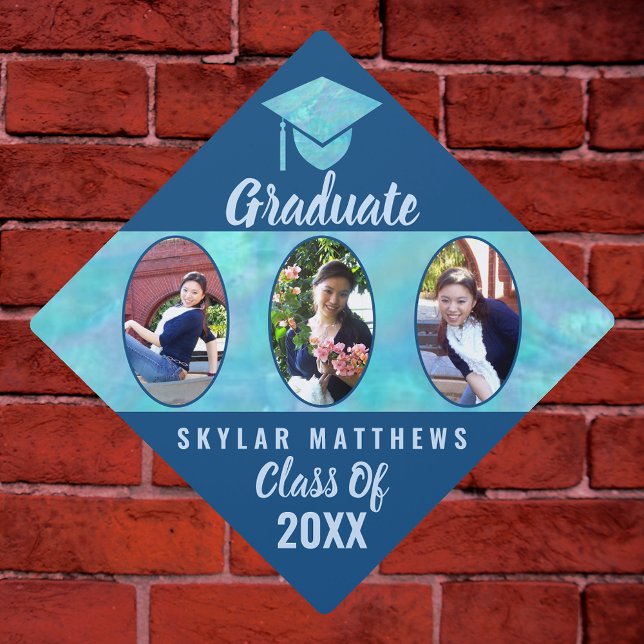 Graduation Blue Opal Girly Oval 3 Photo Collage Cap Topper (Creator Uploaded)
