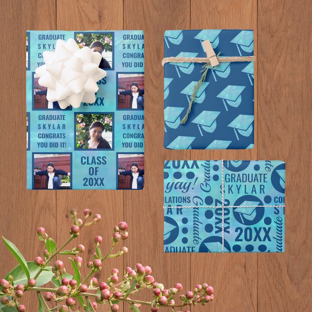 Graduation Blue Opal Trendy Assortment Photo Wrapping Paper Sheets (Creator Uploaded)