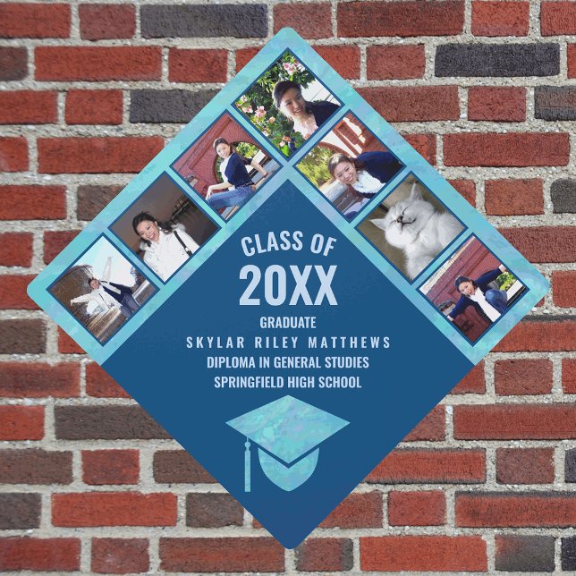 Graduation Blue Opal Trendy Modern 7 Photo Cap Topper (Creator Uploaded)