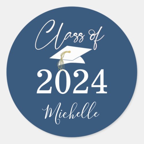Graduation Blue Script Class of 2024 Classic Round Sticker