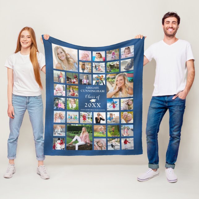 Graduation Blue Shimmer 35 Photo Collage Class of Fleece Blanket (In Situ)