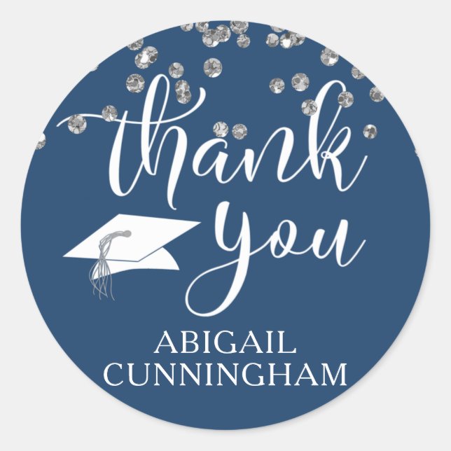 Graduation Blue Silver Glitter Script THANK YOU Classic Round Sticker (Front)