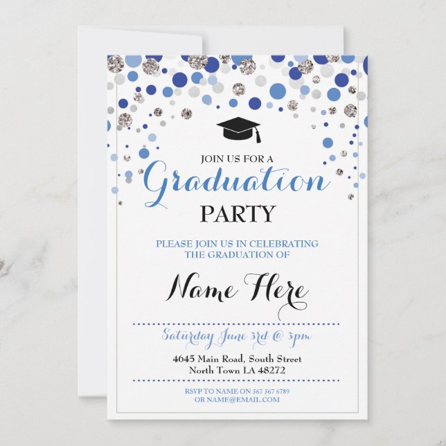 Graduation Blue Silver Party Polka Dot Invite (Front)
