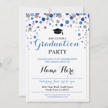 Graduation Blue Silver Party Polka Dot Invite by WOWWOWMEOW at Zazzle