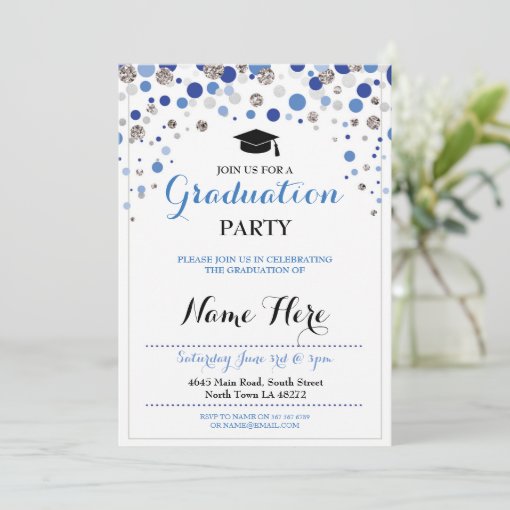 Graduation Blue Silver Party Polka Dot Invite | Zazzle