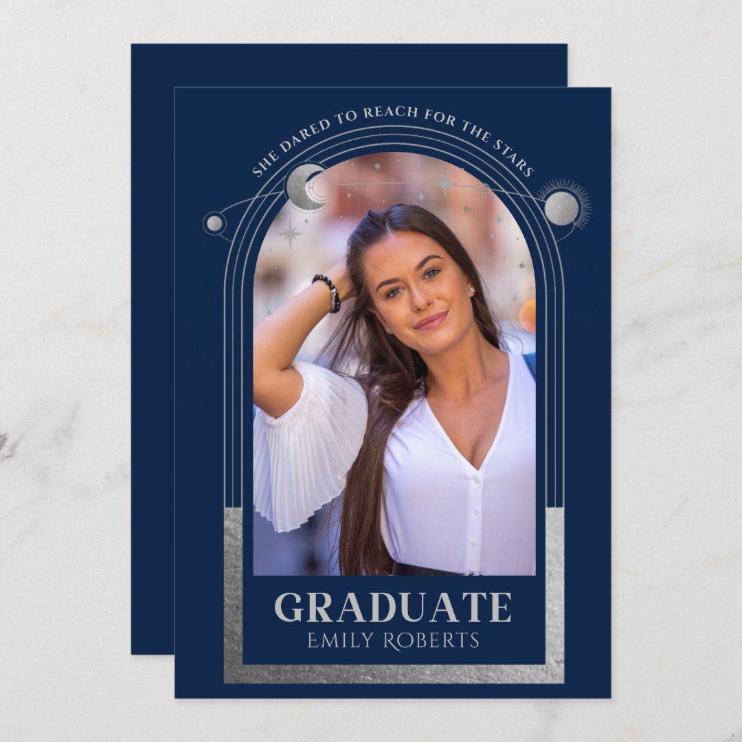 Graduation Blue Silver Sun Moon Stars Grad Photo Invitation | Zazzle