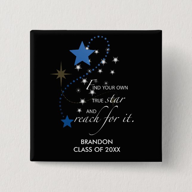 Graduation Blue Stars on Black Inspirational Pinback Button (Front)