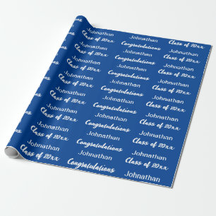 Graduation Blue White Congratulations Grad Name Wrapping Paper
