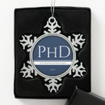 Graduation Blue White Name Year PhD Snowflake Pewter Christmas Ornament<br><div class="desc">An elegant PhD ornament to mark this major accomplishment. The ornament includes the graduate’s name and graduation year. The ornament has a blue and white color scheme.</div>