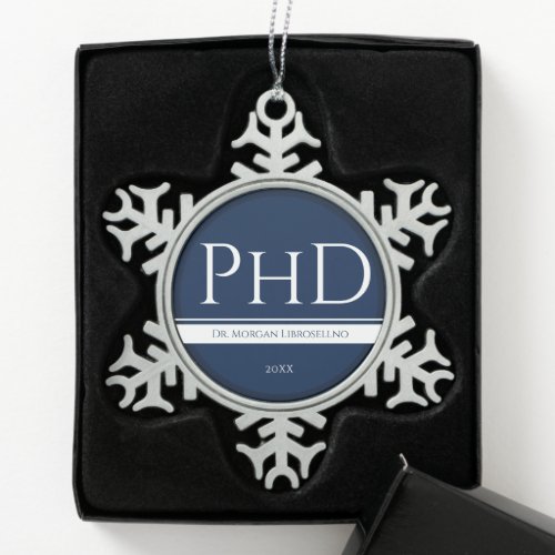 Graduation Blue White Name Year PhD Snowflake Pewter Christmas Ornament