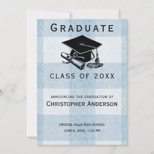 Graduation Blue White Plaid Black Grad Cap Diploma Announcement