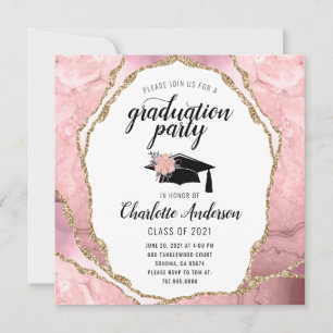 Graduation Blush Pink Agate Gold Glitter Invitation