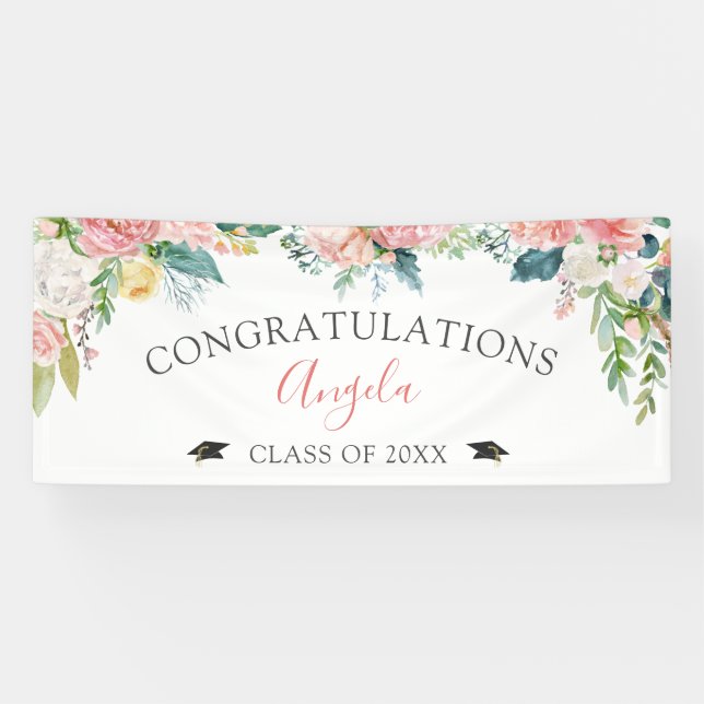 Graduation Blush Pink Floral Script Personalized Banner (Horizontal)