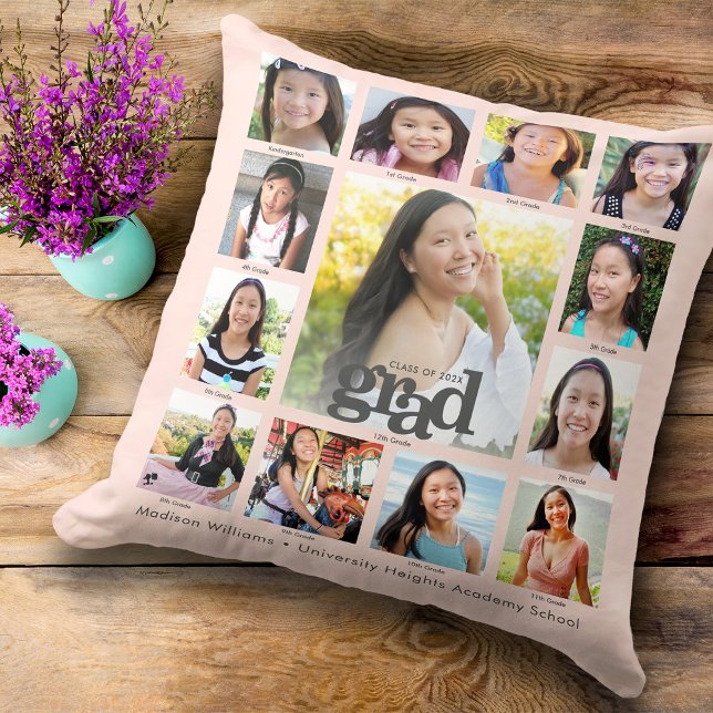 Graduation Blush Pink K–12 Modern Photo Collage Throw Pillow (Creator Uploaded)