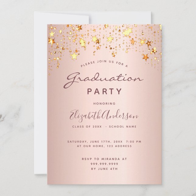 Graduation blush rose gold pink stars 2025 invitation (Front)