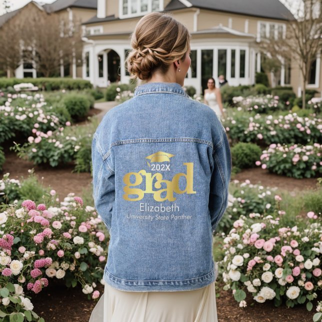 Graduation Bold Gold Foil Typography Cap Monogram Denim Jacket (Wedding Back)