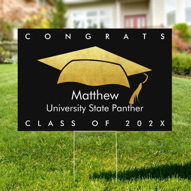 Graduation Bold Modern Gold Cap Black SM/LG Yard Sign | Zazzle