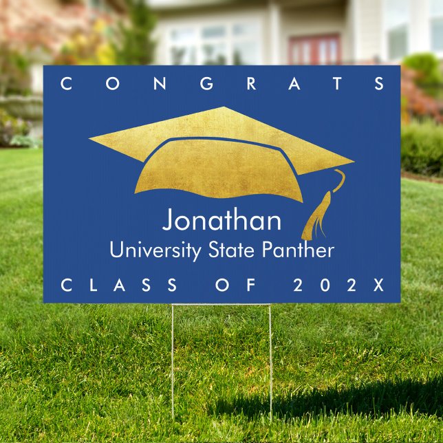 Graduation Bold Modern Gold Cap Blue SM/LG Yard Sign (Creator Uploaded)