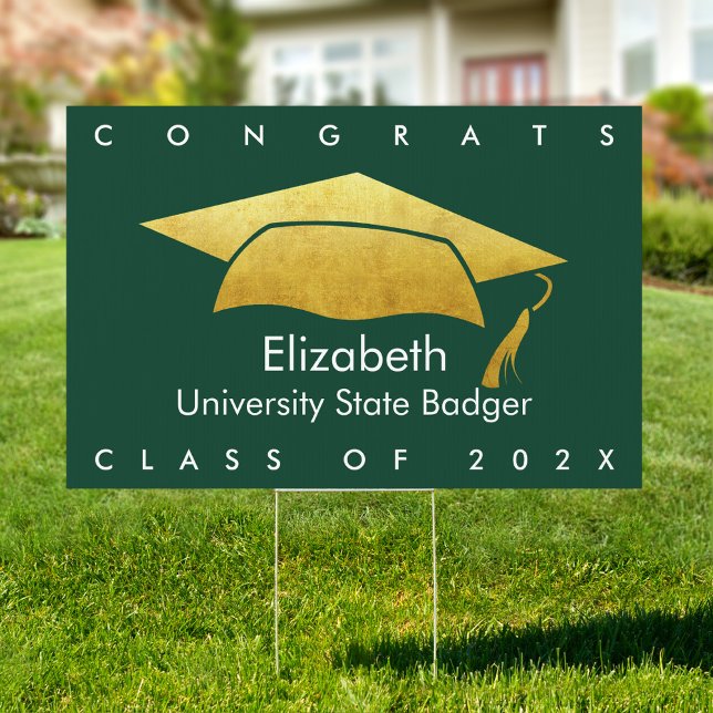 Graduation Bold Modern Gold Cap Green SM/LG Yard Sign (Creator Uploaded)