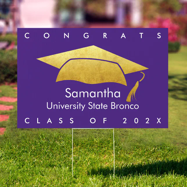 Graduation Bold Modern Gold Cap Purple SM/LG Yard Sign | Zazzle