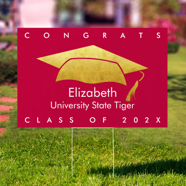 Graduation Bold Modern Gold Cap Red SM/LG Yard Sign | Zazzle