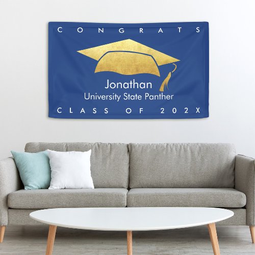 Graduation Bold Modern Simple Gold Cap Navy Blue Banner