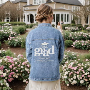 Graduation Bold White Typography Cap Monogram Name Denim Jacket