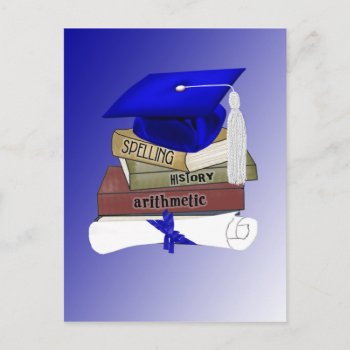 Graduation Books Cap And Diploma  Blue Announcement Postcard by toots1 at Zazzle