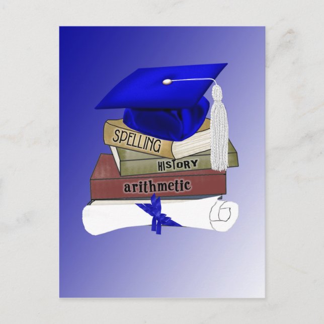 Graduation Books Cap and Diploma, Blue Announcement Postcard (Front)