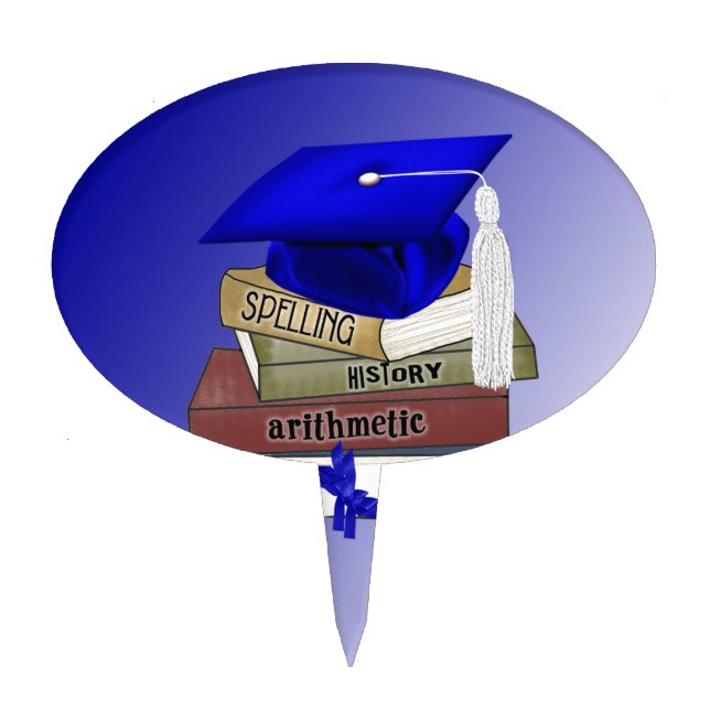 Graduation Books Cap and Diploma, Blue Cake Topper (Front)