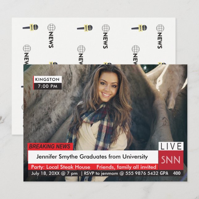 Graduation Breaking News TV Fab Invitation (Front/Back)