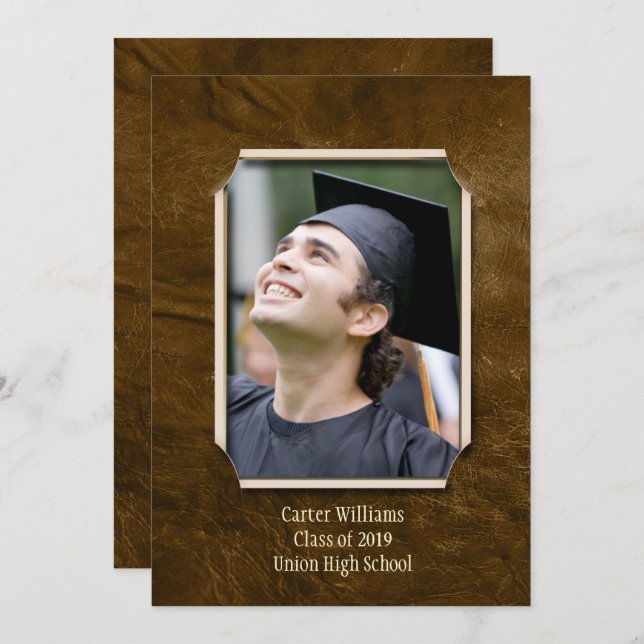Graduation Brown Leather photo frame Invitation (Front/Back)