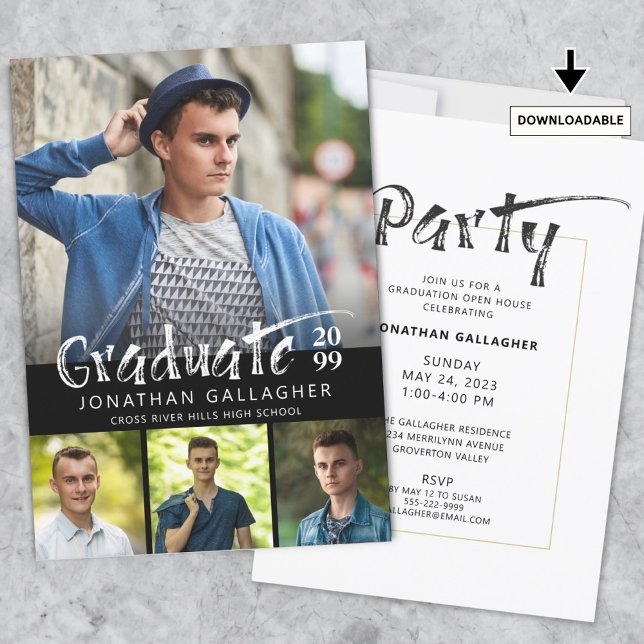 Graduation Brush Print Photo Collage Black Invitation (Creator Uploaded)