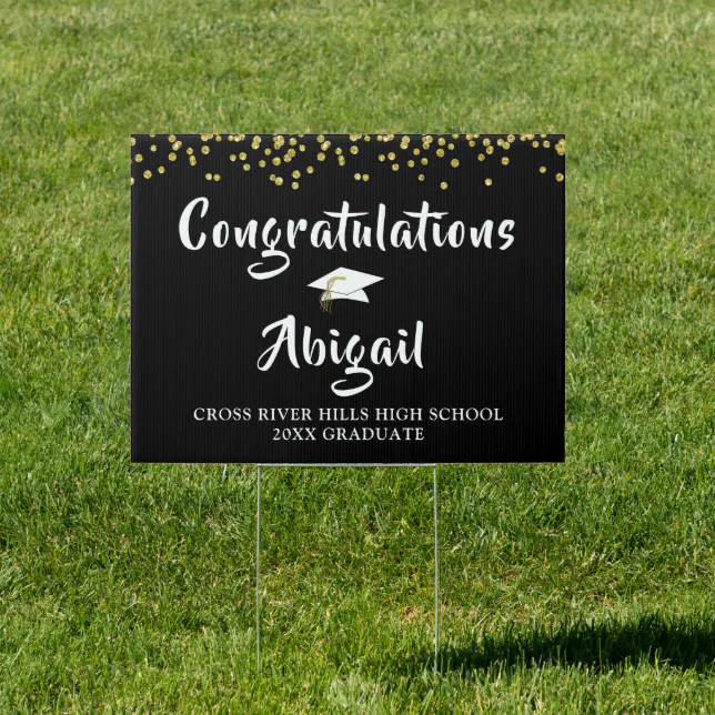 Graduation Brush Script Black and Gold Confetti Sign | Zazzle