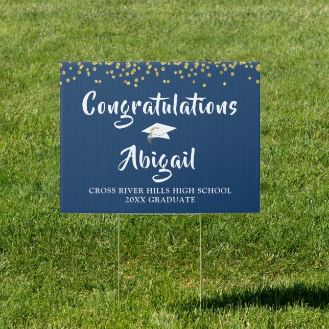 Graduation Brush Script Blue and Gold Confetti Sign (Insitu)