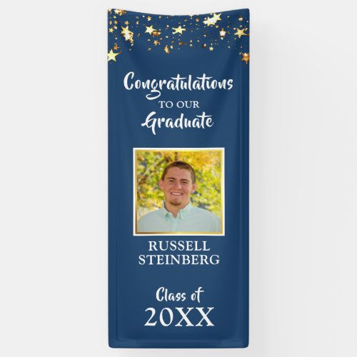 Graduation Brush Script Gold Stars Photo Blue Banner