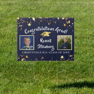 Graduation Brush Script Gold Stars Photo Navy Blue Sign