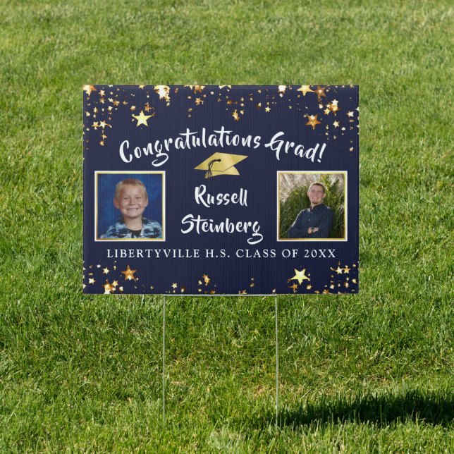 Graduation Brush Script Gold Stars Photo Navy Blue Sign (Insitu)