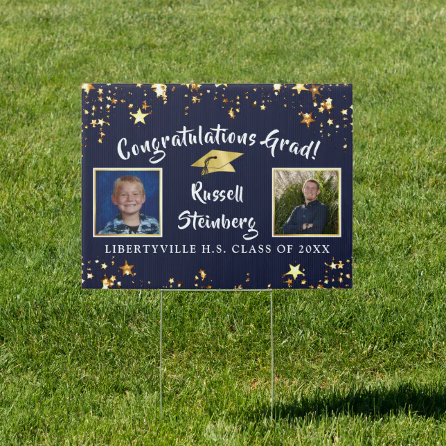 Graduation Brush Script Gold Stars Photo Navy Blue Sign 