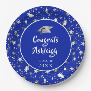 Graduation Brush Script Silver Stars Royal Blue Paper Plates