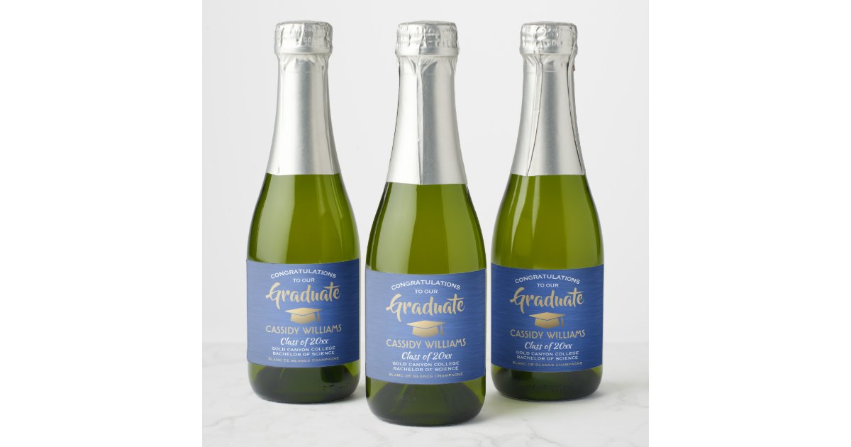 Graduation Brushed Blue Gold and White Mini Split Champagne Label | Zazzle